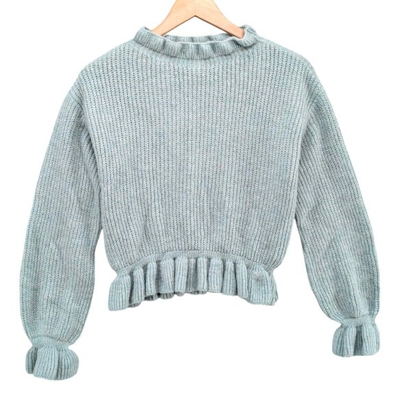 Topshop Cropped Frill Sweater Womens Light Blue Chunky Knit Pullover Size 4-6 - Picture 1 of 10